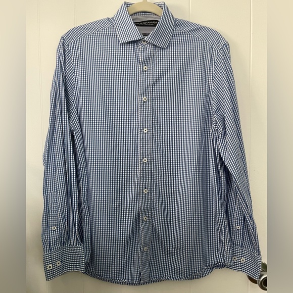 Nick Graham Modern Fit Easy Care Cotton Mini Gingham Checked Collar Button Shirt - Picture 11 of 11